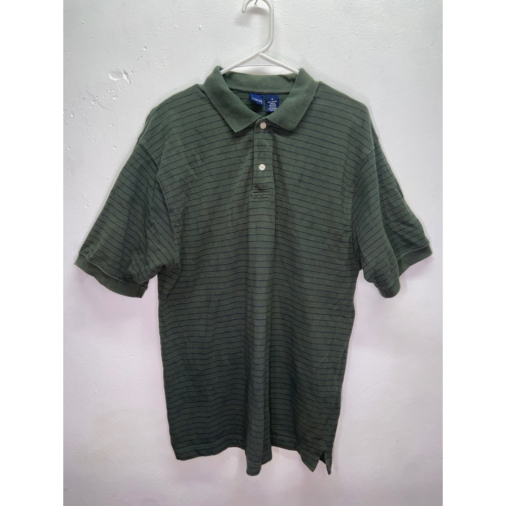 Cherokee Men Polo Shirt Medium Green Navy Striped Short Sleeve Cotton Pique M